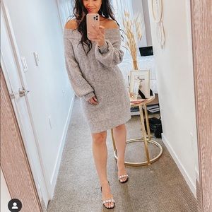 Grey Cable Knit Off-the-Shoulder Sweater Dress